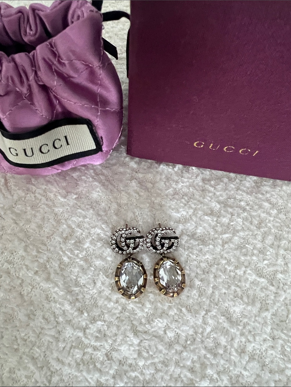 Gucci Crystal GG Drop Earrings with aged Gold-Tone Accents
